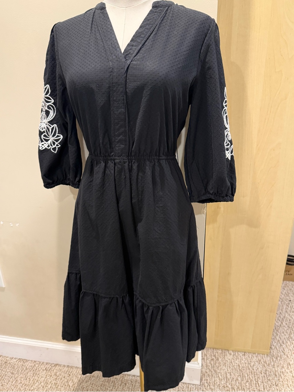 Draper James Black Midi Dress with White Sleeve Embroidery